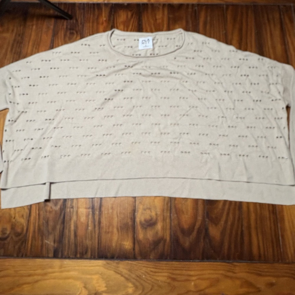 Planet By Lauren G Brown Crop Open Holes Knit Sweater Oversized One Size A3605